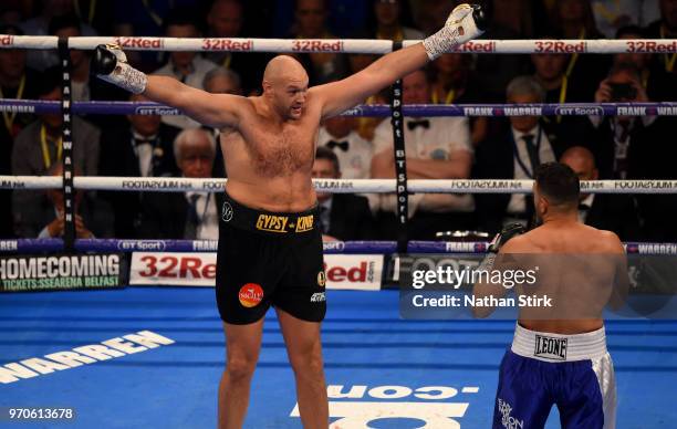 Tyson Fury taunts Sefer Seferi during there heavyweight contest at Manchester Arena on June 9, 2018 in Manchester, England.