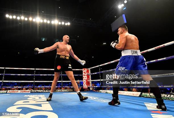 Tyson Fury taunts Sefer Seferi during there heavyweight contest at Manchester Arena on June 9, 2018 in Manchester, England.
