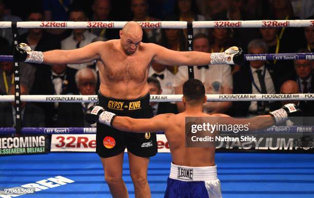 Tyson Fury and Sefer Seferi taunt each other during there heavyweight contest at Manchester Arena on June 9, 2018 in Manchester, England.