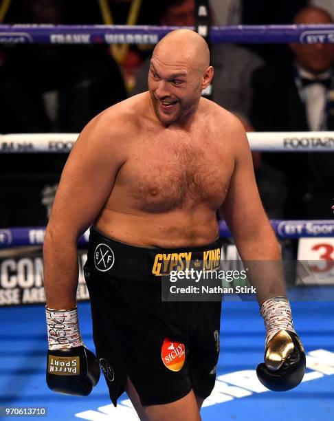 Tyson Fury reacts while fighting against Sefer Seferi during there heavyweight contest at Manchester Arena on June 9, 2018 in Manchester, England.