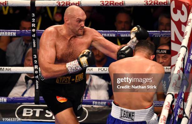 Tyson Fury punches Sefer Seferi during there heavyweight contest at Manchester Arena on June 9, 2018 in Manchester, England.