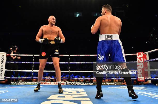 Tyson Fury takes on Sefer Seferi during there heavyweight contest at Manchester Arena on June 9, 2018 in Manchester, England.