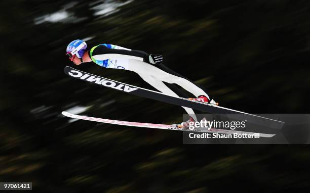 Bill Demong of the United States practices ahead of the Nordic Combined Individual Large Hill Ski Jump on day 14 of the 2010 Vancouver Winter...