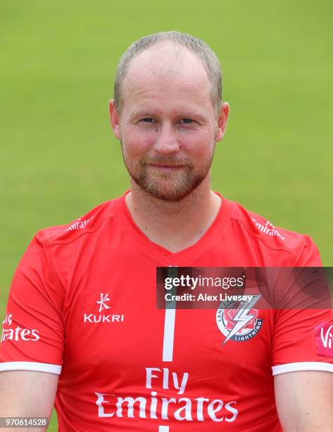 Karl Brown of Lancashire CCC poses for a portrait during their T20 kit photocall at Old Trafford on June 8, 2018 in Manchester, England.