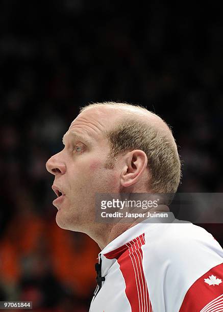 Skip Kevin Martin of Canada reacts during the men's curling semifinal game between Canada and Sweden on day 14 of the Vancouver 2010 Winter Olympics...