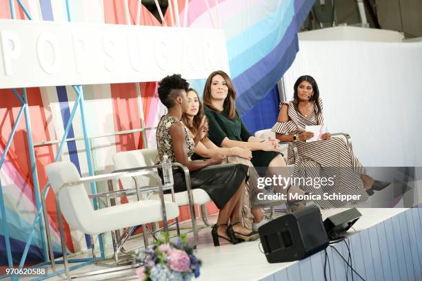 Sasheer Zamata, Jamie Lee, Michelle Collins and Laura Meyers speak onstage at the Flip the Script: Brought to You by BookSparks panel day 1 of...