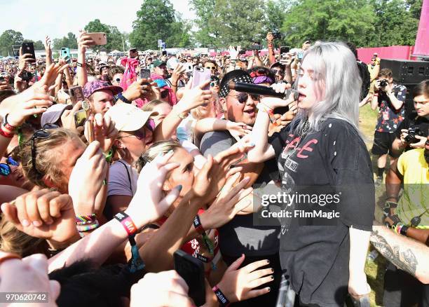 Billie Eilish performs on Which Stage during day 3 of the 2018 Bonnaroo Arts And Music Festival on June 9, 2018 in Manchester, Tennessee.