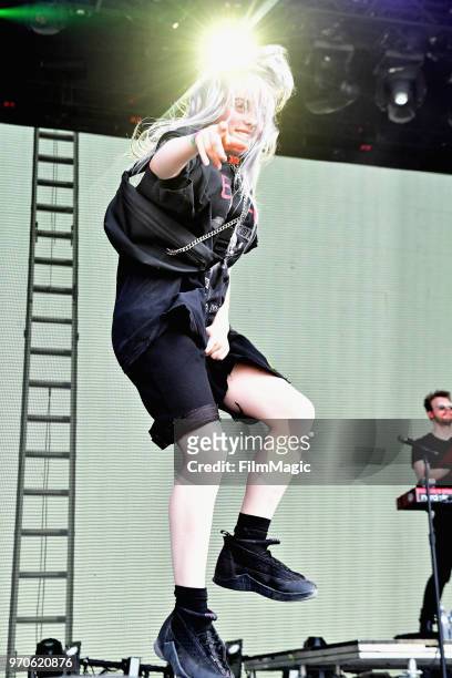 Billie Eilish performs on Which Stage during day 3 of the 2018 Bonnaroo Arts And Music Festival on June 9, 2018 in Manchester, Tennessee.