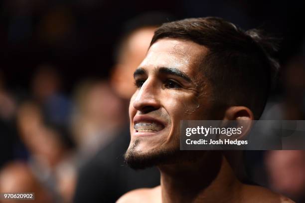 Sergio Pettis prepares to enter the Octagon prior to facing Joseph Benavidez in their flyweight fight during the UFC 225 event at the United Center...