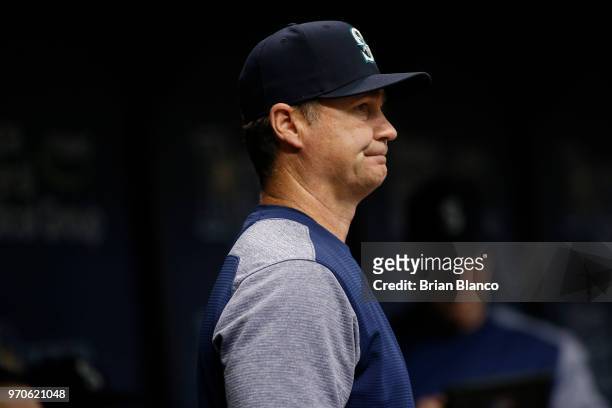 Manager Scott Servais of the Seattle Mariners looks on from the dugout during the sixth inning of a game against the Tampa Bay Rays on June 9, 2018...