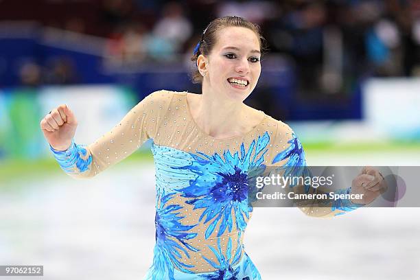 Sarah Hecken of Germany reacts after her skate in the Ladies Free Skating on day 14 of the 2010 Vancouver Winter Olympics at Pacific Coliseum on...