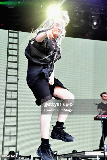 Billie Eilish performs on Which Stage during day 3 of the 2018 Bonnaroo Arts And Music Festival on June 9, 2018 in Manchester, Tennessee.