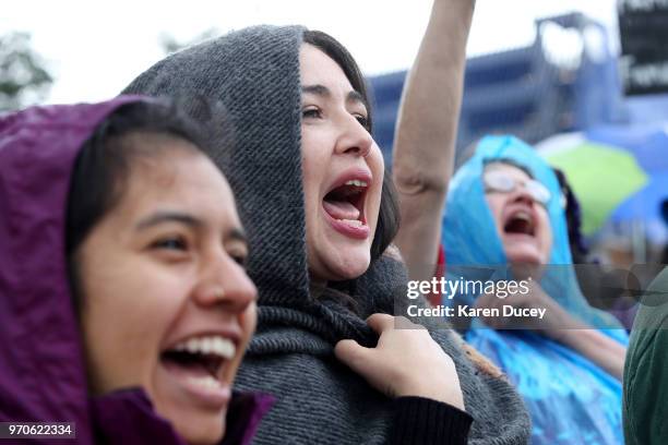 Protesters rally outside a Federal Detention Center holding migrant women on June 9, 2018 in SeaTac, Washington. Congresswoman Pramila Jayapal...