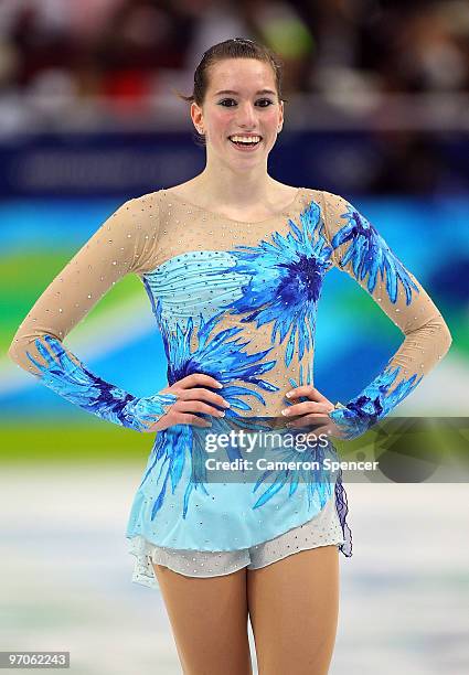 Sarah Hecken of Germany reacts after her skate in the Ladies Free Skating on day 14 of the 2010 Vancouver Winter Olympics at Pacific Coliseum on...