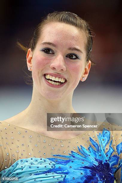 Sarah Hecken of Germany reacts after her skate in the Ladies Free Skating on day 14 of the 2010 Vancouver Winter Olympics at Pacific Coliseum on...