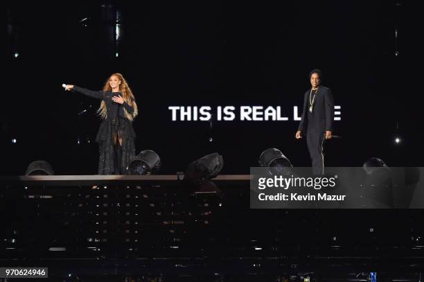 Beyonce and Jay-Z end their performance together on stage during the "On the Run II" Tour at Hampden Park on June 9, 2018 in Glasgow, Scotland.