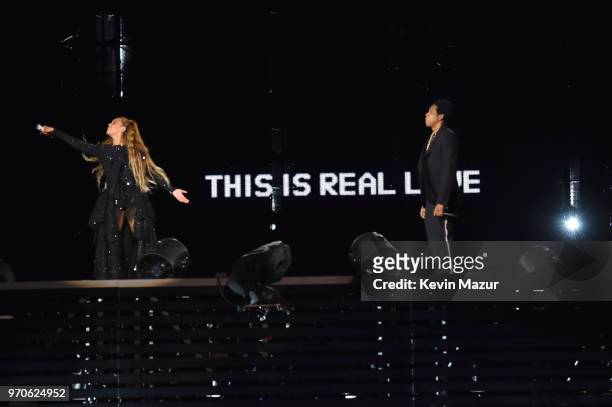Beyonce and Jay-Z end their performance together on stage during the "On the Run II" Tour at Hampden Park on June 9, 2018 in Glasgow, Scotland.
