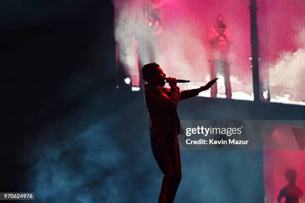Jay-Z performs on stage during the "On the Run II" Tour with Beyonce at Hampden Park on June 9, 2018 in Glasgow, Scotland.