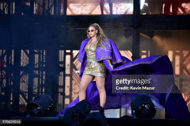 Beyonce performs in purple on stage during the "On the Run II" Tour with Jay-Z at Hampden Park on June 9, 2018 in Glasgow, Scotland.