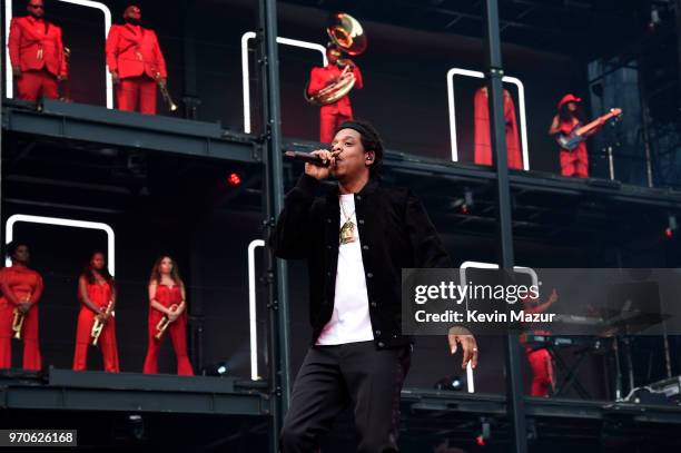 Jay-Z performs on stage during the "On the Run II" Tour with Beyonce at Hampden Park on June 9, 2018 in Glasgow, Scotland.