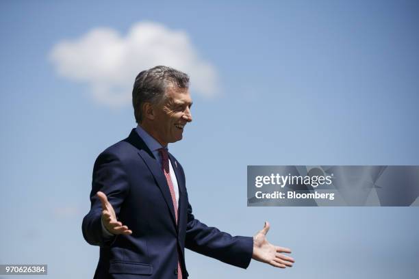 Mauricio Macri, Argentina's president, arrives to greet Justin Trudeau, Canada's prime minister, not pictured, during the Outreach official welcome...