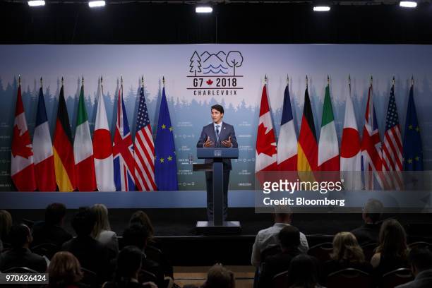 Justin Trudeau, Canada's prime minister, speaks during the closing press conference of the Group of Seven Leaders Summit in La Malbaie, Quebec,...