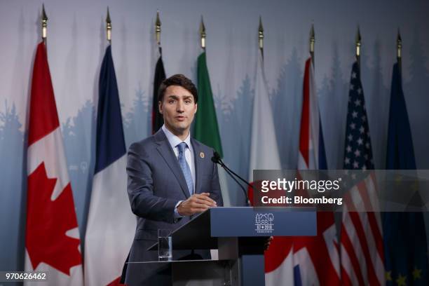 Justin Trudeau, Canada's prime minister, speaks during the closing press conference of the Group of Seven Leaders Summit in La Malbaie, Quebec,...