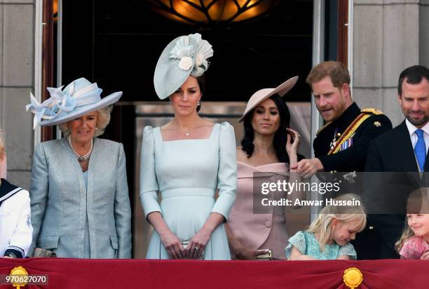 Camilla, Duchess of Cornwall. Catherine, Duchess of Cambridge, Meghan, Duchess of Sussex, Prince Harry, Duke of Sussex, Isla Phillips, Peter Phillips...