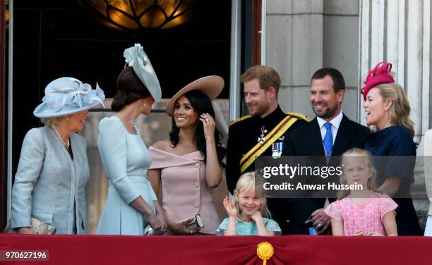 Camilla, Duchess of Cornwall. Catherine, Duchess of Cambridge, Meghan, Duchess of Sussex, Prince Harry, Duke of Sussex, Isla Phillips, Peter...