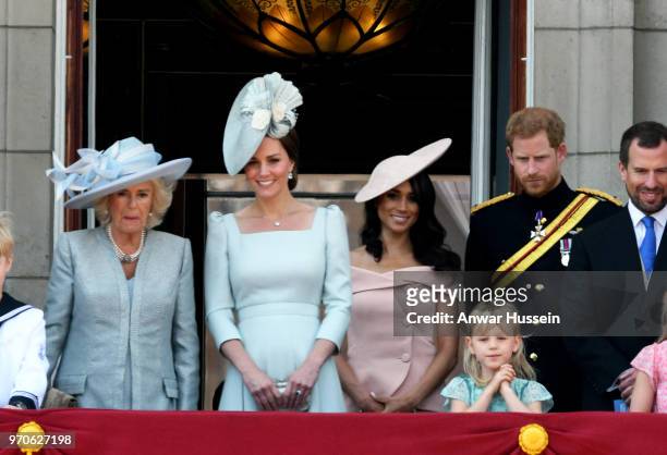 Camilla, Duchess of Cornwall. Catherine, Duchess of Cambridge, Meghan, Duchess of Sussex, Prince Harry, Duke of Sussex, Isla Phillips and Peter...