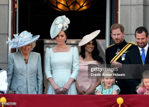 Camilla, Duchess of Cornwall. Catherine, Duchess of Cambridge, Meghan, Duchess of Sussex, Prince Harry, Duke of Sussex, Isla Phillips and Peter...