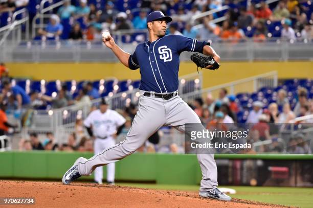Tyson Ross of the San Diego Padres throws a pitch during the second inning against the Miami Marlins at Marlins Park on June 9, 2018 in Miami,...