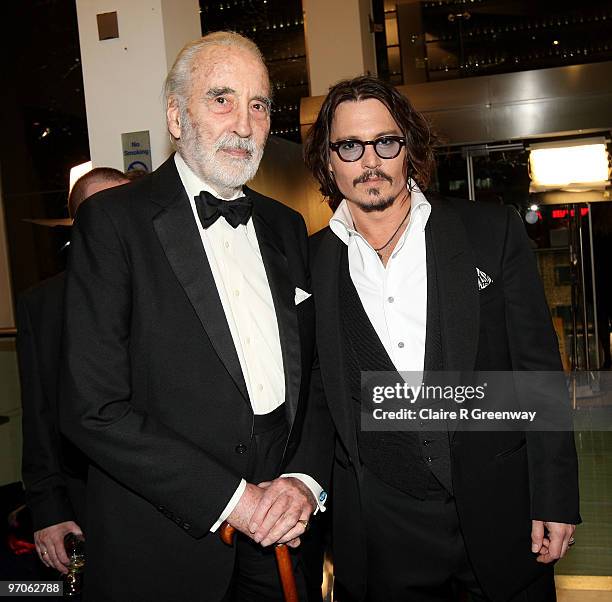 Actors Johnny Depp and Sir Christopher Lee attend the Royal World Premiere of 'Alice In Wonderland' at Odeon Leicester Square on February 25, 2010 in...