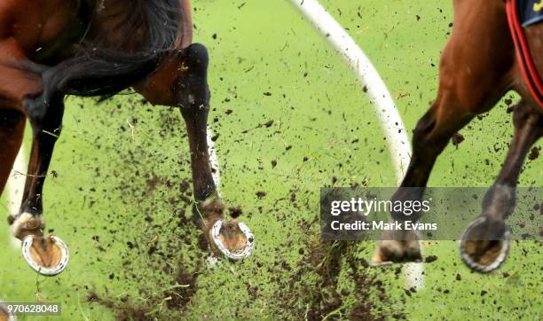 Horses hooves churn up the track during Sydney Racing at Royal Randwick Racecourse on June 9, 2018 in Sydney, Australia.