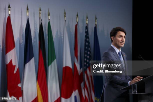 Justin Trudeau, Canada's prime minister, speaks during the closing press conference of the Group of Seven Leaders Summit in La Malbaie, Quebec,...