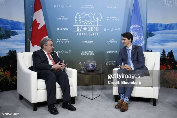 Justin Trudeau, Canada's prime minister, right, speaks with Antonio Guterres, secretary-general of the United Nations , during a bilateral at meeting...