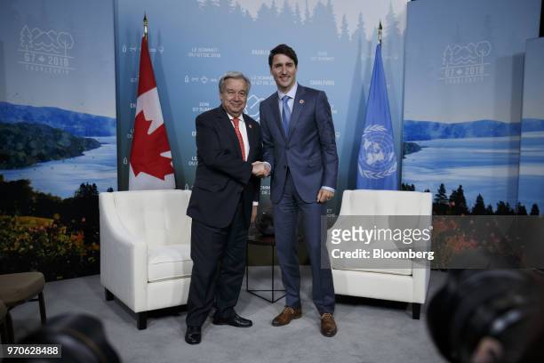 Justin Trudeau, Canada's prime minister, right, shakes hands with Antonio Guterres, secretary-general of the United Nations , during a bilateral...