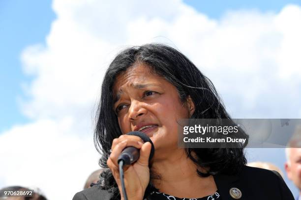 Congresswoman Pramila Jayapal speaks at a press conference outside a Federal Detention Center holding migrant women on June 9, 2018 in SeaTac,...