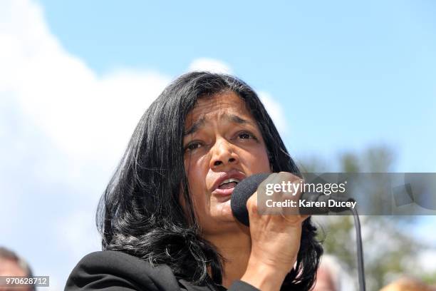 Congresswoman Pramila Jayapal speaks at a press conference outside a Federal Detention Center holding migrant women on June 9, 2018 in SeaTac,...