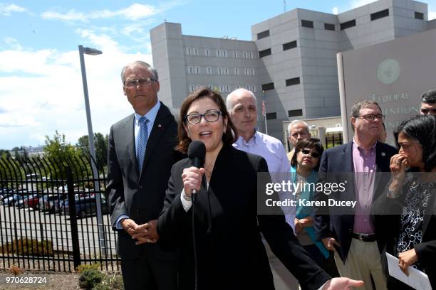 Congresswoman Suzan DelBene speaks at a press conference outside a Federal Detention Center holding migrant women as Governor Jay Inslee of...