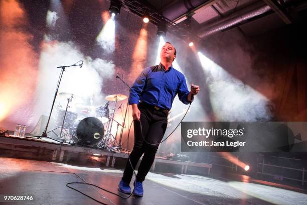 Singer Samuel T. Herring of Future Islands performs live on stage during a concert at the Columbiahalle on June 9, 2018 in Berlin, Germany.