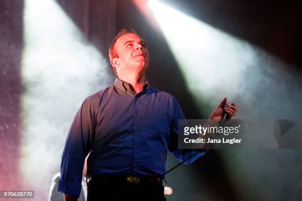 Singer Samuel T. Herring of Future Islands performs live on stage during a concert at the Columbiahalle on June 9, 2018 in Berlin, Germany.