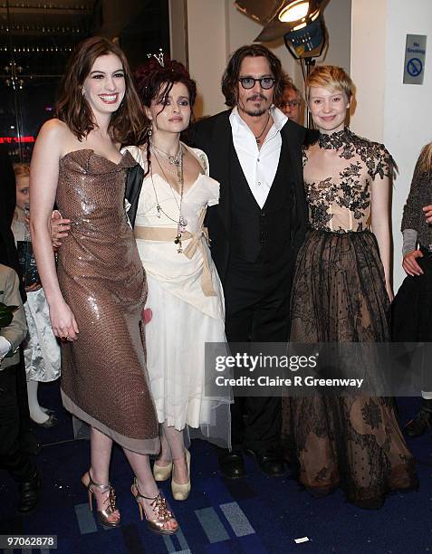 Actors Anne Hathaway, Helena Bonham Carter, Johnny Depp and Mia Wasikowska attend the Royal World Premiere of 'Alice In Wonderland' at Odeon...