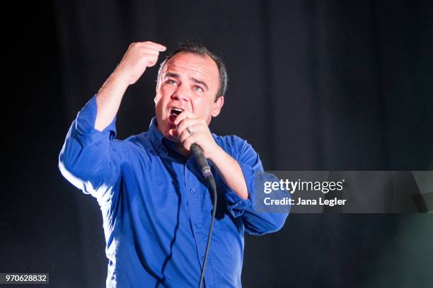 Singer Samuel T. Herring of Future Islands performs live on stage during a concert at the Columbiahalle on June 9, 2018 in Berlin, Germany.