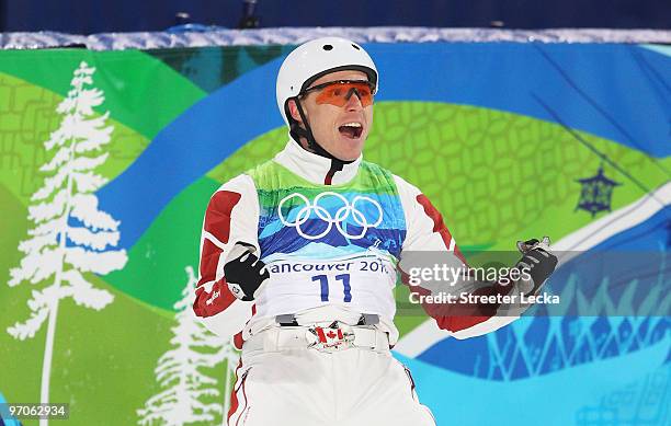 Kyle Nissen of Canada celebrates during the freestyle skiing men's aerials final on day 14 of the Vancouver 2010 Winter Olympics at Cypress Mountain...