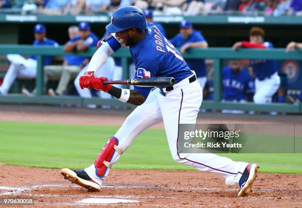 Jurickson Profar of the Texas Rangers hit by a pitch in the second inning against the Houston Astros at Globe Life Park in Arlington on June 9, 2018...