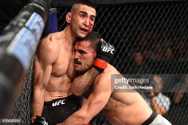 Ricardo Lamas blocks a take down from Mirsad Bektic of Bosnia in their featherweight fight during the UFC 225 event at the United Center on June 9,...