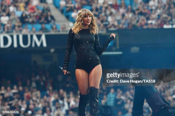 Taylor Swift performs on stage during the Taylor Swift reputation Stadium Tour at Etihad Stadium on June 9, 2018 in Manchester, England.