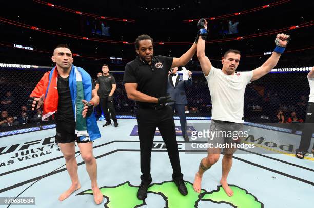 Mirsad Bektic of Bosnia celebrates after defeating Ricardo Lamas in their featherweight fight during the UFC 225 event at the United Center on June...
