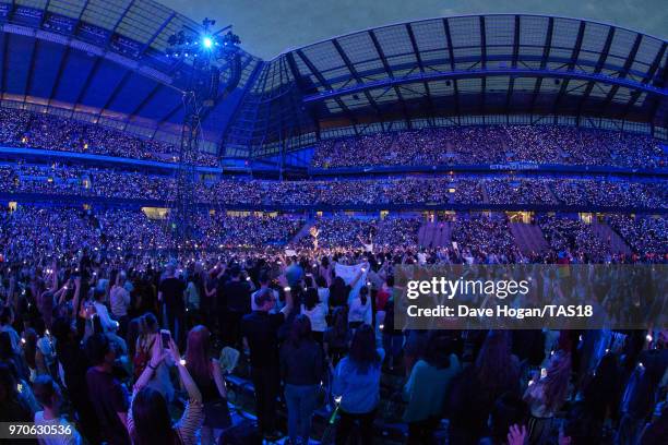 Taylor Swift performs on stage during the Taylor Swift reputation Stadium Tour at Etihad Stadium on June 9, 2018 in Manchester, England.